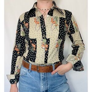Tarni | Vintage 60s 70s Floral Geometric Polka Dot Nylon Button-Down Shirt
